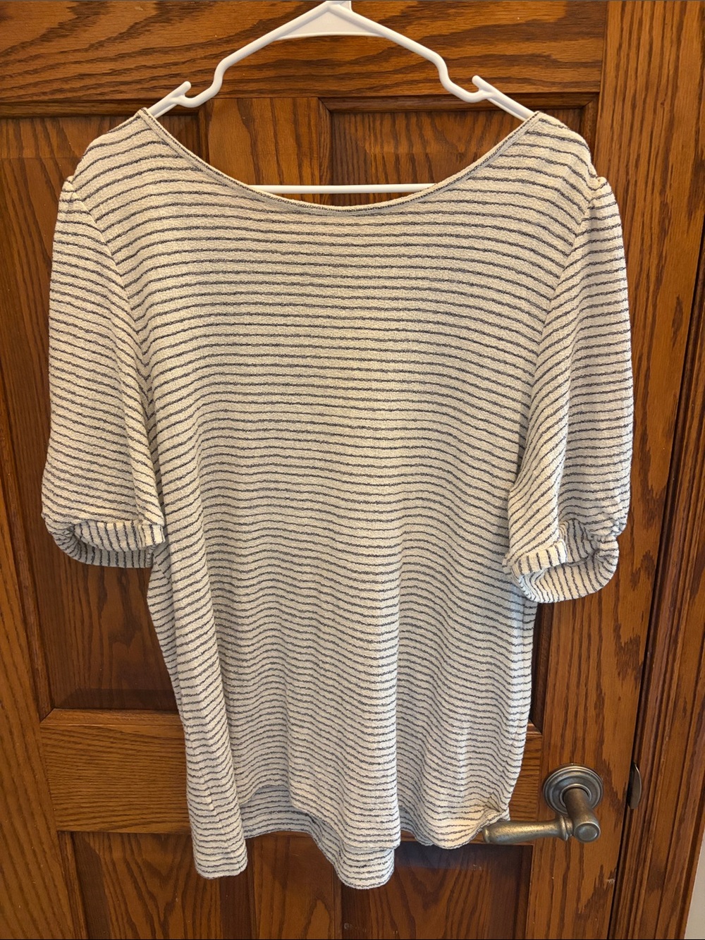 LOFT Gray and Navy Striped Knit Top